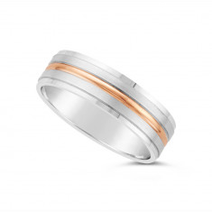 9ct White Gold Heavy Weight Flat Court Wedding Ring With A Flat Shinny Edge, And With A 1.3mm 9ct Rose Gold Band Onlay 